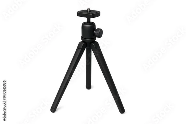 Fototapeta Compact black tripod supporting lightweight camera or smartphone on clear backdrop