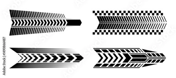 Obraz Racing cars and race car stripes set, angled checkered patterns, checkered flag, finish line, motocross labels, dynamic lines, motorsport, racing stripe speed
