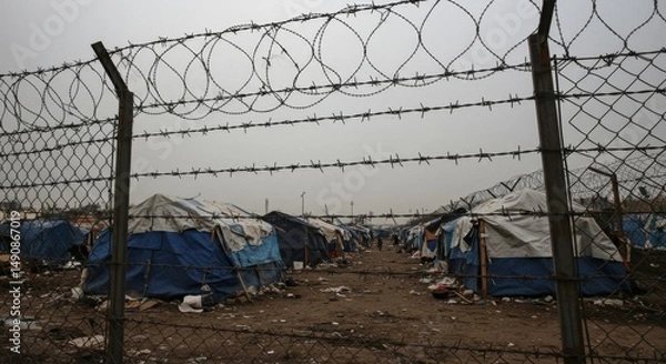 Obraz Refugee Camp Behind Barbed Wire Fence - A desolate refugee camp, seen through a barbed wire fence, showing temporary shelters and a harsh environment