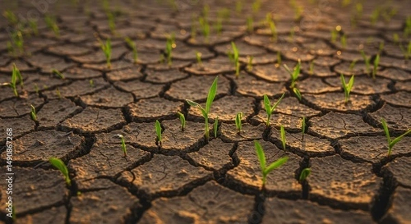 Obraz Resilience of Life in Arid Land - Young plants sprout from cracked earth, showcasing nature's tenacity in harsh conditions. A symbol of hope and survival