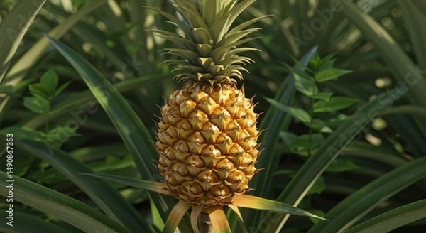 Obraz Ripe Pineapple in Plantation - Close-up of a single ripe pineapple growing in a lush green pineapple plantation