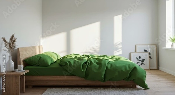 Obraz Serene Green Bedroom Haven - A tranquil bedroom scene featuring a wooden bed with lush green bedding, bathed in soft sunlight. Minimalist and inviting