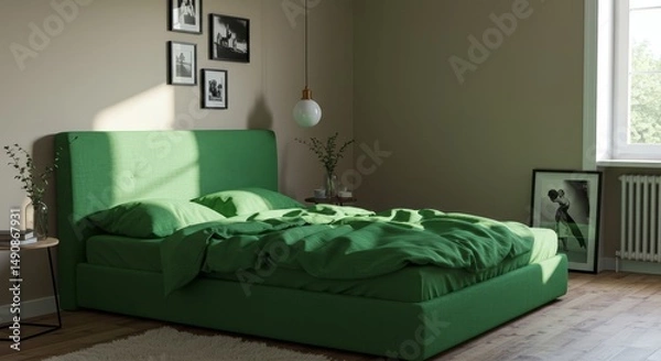 Obraz Serene Green Bedroom Haven - Peaceful bedroom, green bedding, sunlight, calm ambiance, restful sleep. Symbolizing tranquility, nature, renewal, comfort, and serenity