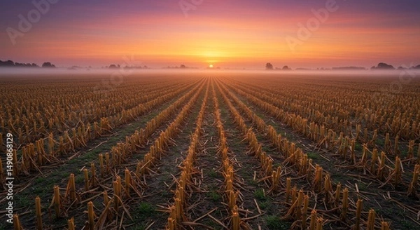 Obraz Serene Sunrise Over Harvested Field - Tranquil sunrise scene over a harvested field, showcasing rows of stubble under a vibrant sky. Peaceful and idyllic rural landscape