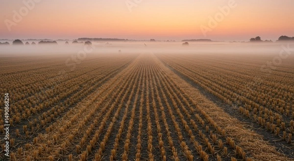 Obraz Serene Sunrise Over Harvested Field - Tranquil sunrise scene over a harvested field with morning mist. Rows of stubble stretch to the horizon. Peaceful and idyllic rural landscape