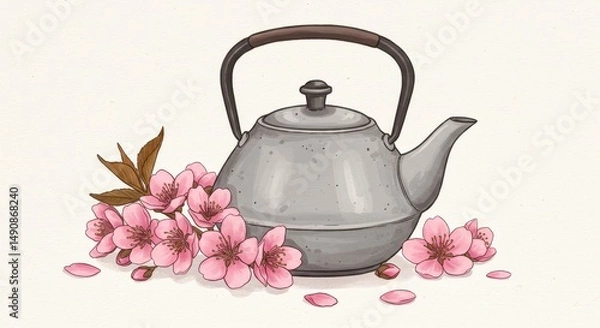 Obraz Serene Teapot and Blossoms - A gray cast iron teapot rests beside delicate pink blossoms, creating a tranquil and calming scene. Perfect for tea-themed designs