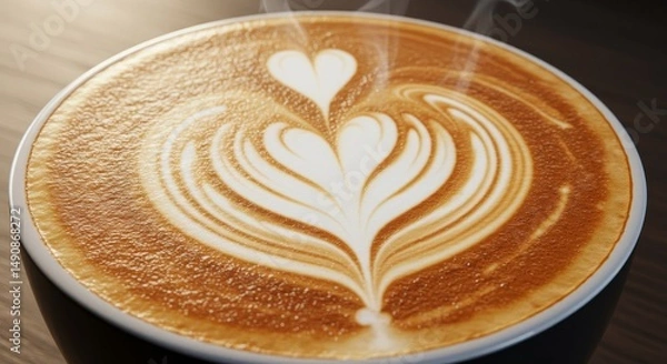 Obraz Shaped Coffee Latte Art: A Heartfelt Design - Steaming latte art, a double heart design, symbolizes love, warmth, comfort, and the delightful blend of coffee and milk. A perfect morning treat