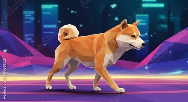 Obraz Shiba Inu in Cyberpunk Cityscape - A low-poly Shiba Inu dog walks through a vibrant, neon-lit cityscape at night. Geometric shapes and a futuristic setting create a striking