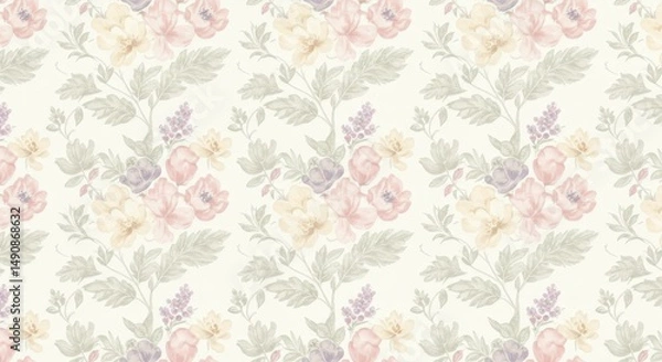 Obraz Soft Green Leaves and Delicate Flowers Floral Wallpaper - Elegant floral wallpaper design. Symbolizes serenity, nature, spring, romance