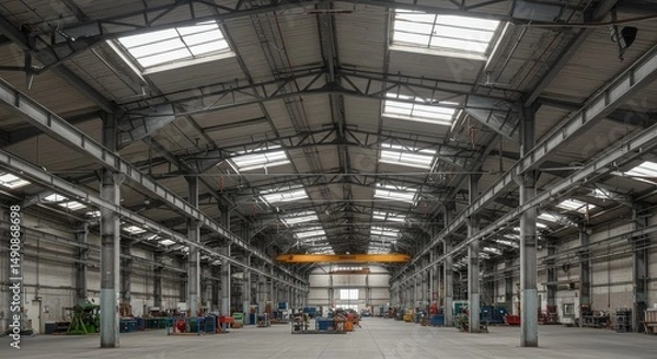 Obraz Spacious Industrial Warehouse Interior - Empty industrial warehouse with high ceilings and skylights, ideal for manufacturing, storage, or logistics