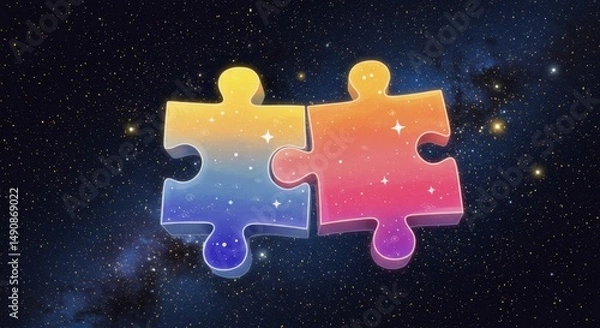 Obraz Starlit Puzzle Pieces: Connection and Completion - Two vibrant puzzle pieces interlock, glowing against a cosmic backdrop. Symbolizing unity, connection, solution, partnership, and destiny