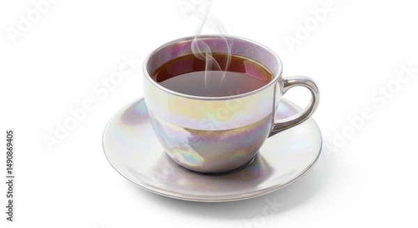 Obraz Teacup and Saucer with Steam on White - A steaming cup of tea in an iridescent teacup and saucer, symbolizing warmth, comfort, relaxation, serenity, and a moment of peace