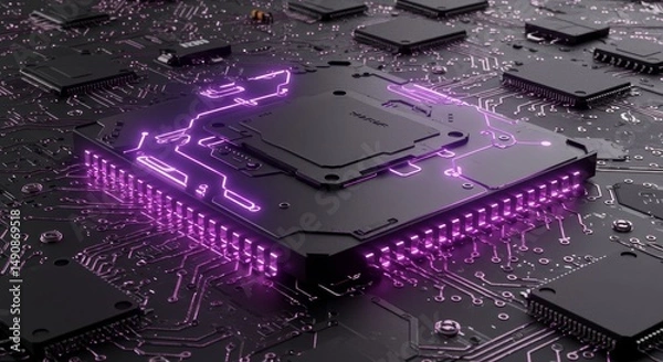 Obraz Tech Chip Motherboard Close Up Purple Accents - A close-up of a tech chip on a motherboard with purple accents. Symbolizing innovation, technology, advancement, power, and connection