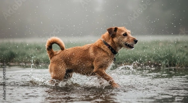 Obraz Terrier Dog Joyfully Playing in Water on Misty Day - Happy terrier dog splashing in water, enjoying nature, misty outdoor scene, playful canine, joyful pet