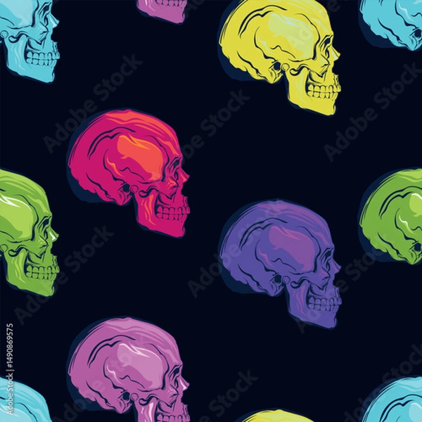 Obraz Vector seamless neon pattern. Multicolored skulls on a black background.
