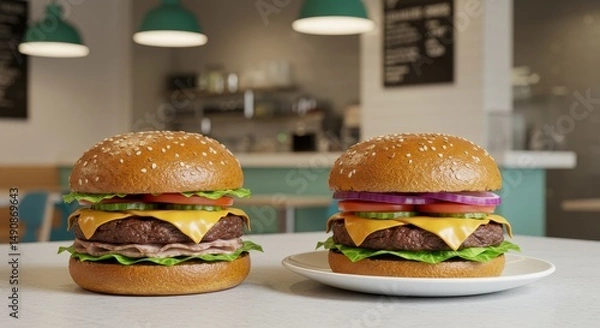 Obraz The Modern Burger Joint - Health-conscious burgers, whole grain buns, lean proteins, fresh vegetables, modern eatery. A symbol of healthy eating, fresh ingredients, modern design, delicious taste