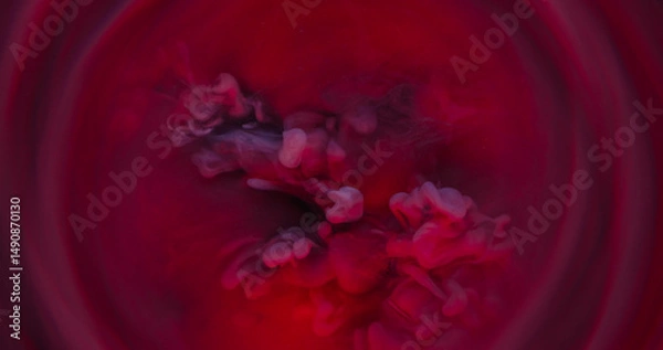 Fototapeta Steam cloud. Art fume. Red purple smoke wave flowing on defocused background. Hot color haze blending stream abstract blur round frame.