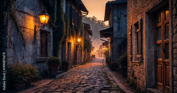 Obraz A quiet, forgotten village street glows faintly at dusk, with old houses under a fading sky.