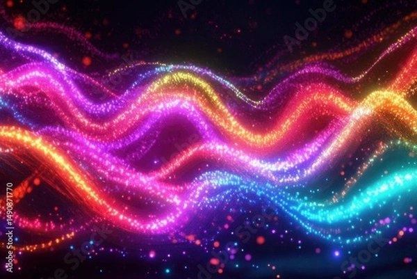 Fototapeta abstract technology background features a vibrant array of colorful optic fiber electrical cables- neon waves- and lines- creating a mesmerizing 3D AI design with a glowing- multicolored pattern that