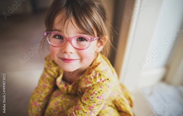 Fototapeta A closeup of a cute little girl wearing glasses, sitting on the floor at home in bright light. with a natural sun light background and a side view. 