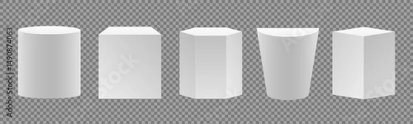 Obraz Geometric gallery shape podiums set. Blank stands in round, square and hexagon forms. Column 3d platforms for product presentation, awards