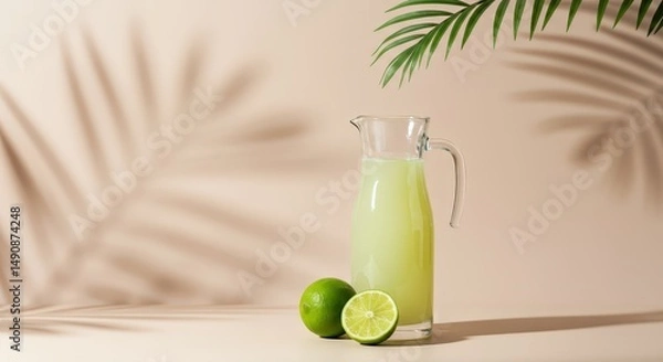 Fototapeta Beautiful summer background with lime juice in a glass and a lime next to it and sun shadow on a pastel peach color background with banner copy 