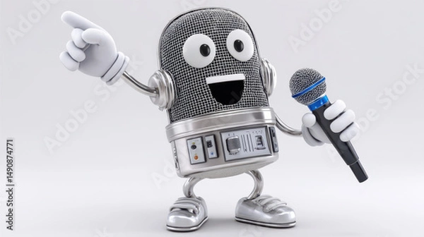 Fototapeta Cheerful animated character resembling microphone is singing joyfully, showcasing minimal design with friendly expression. This character is perfect for music related themes