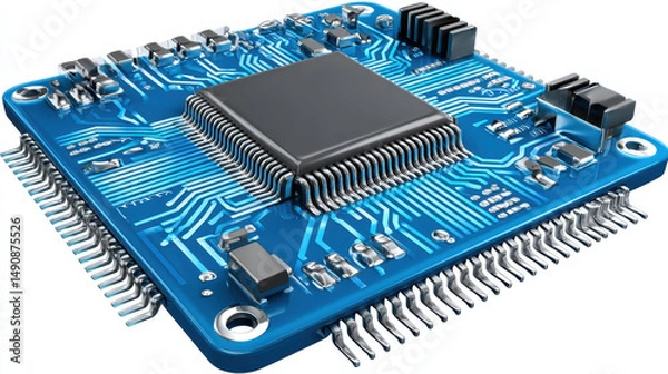 Fototapeta Detailed view of blue circuit board featuring central processing unit, various electronic components, and intricate wiring, showcasing modern technology and innovation