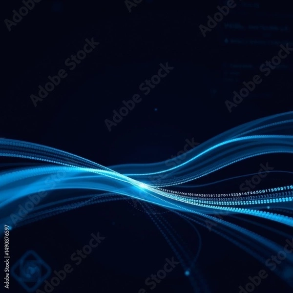 Obraz A dynamic, dark blue technology background features flowing code streams and subtle light effects, creating a modern digital atmosphere.