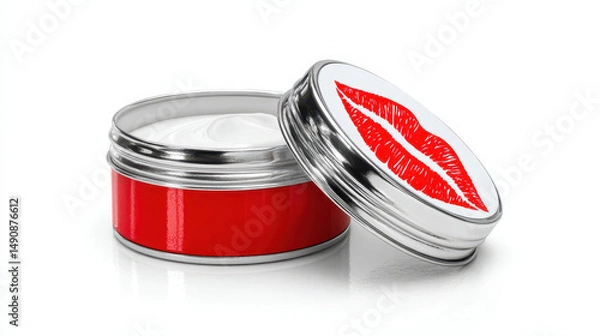 Fototapeta Vibrant red lip balm container with silver lid, featuring playful kiss mark design on top. container is open, revealing smooth, creamy balm inside, evoking sense of fun and beauty