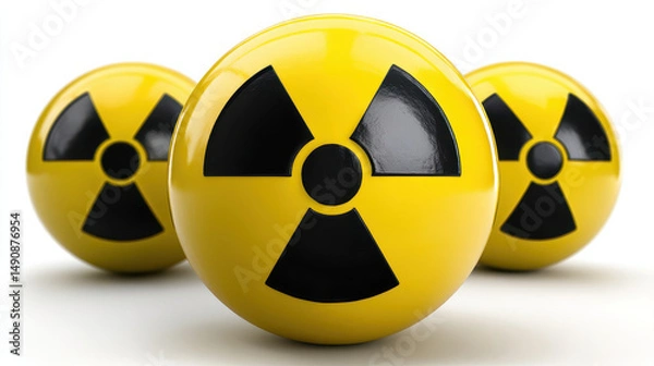 Fototapeta Bright yellow spheres with black radiation symbols represent caution and danger. These objects symbolize nuclear energy and safety warnings, evoking sense of alertness and awareness