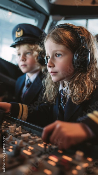 Obraz Two young pilots wearing uniform and headphones operating control panel of an aircraft cockpit
