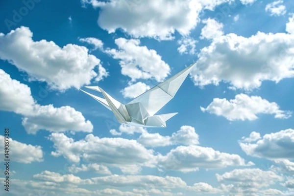 Fototapeta White Origami Crane Soaring in a Blue Sky with Fluffy Clouds Varient 4