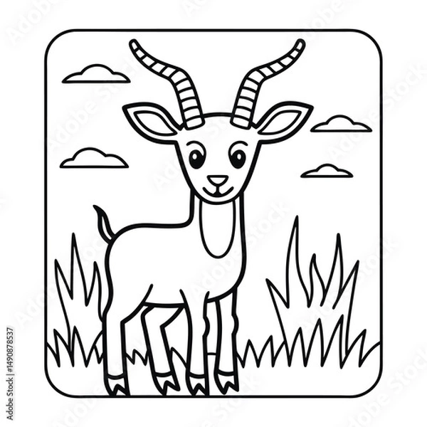 Fototapeta Adorable Gazelle Outline in a Landscape: Charming outline of a gazelle in a simplistic nature, with playful elements in a monochromatic illustration designed to captivate.