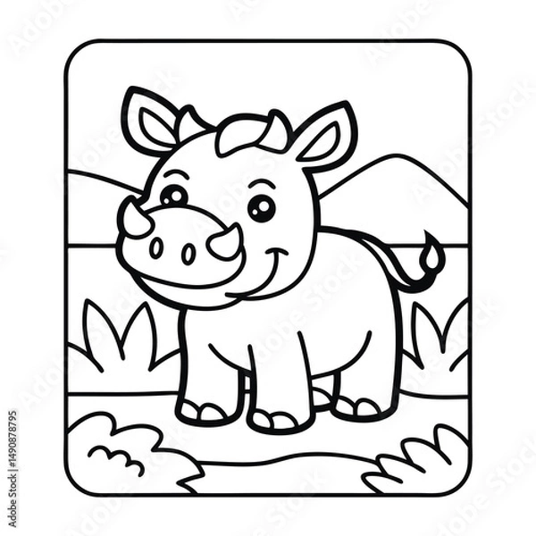 Fototapeta Playful Rhino Illustration: A cheerful rhino character with an endearing smile, ready for coloring, framed by simple lines.