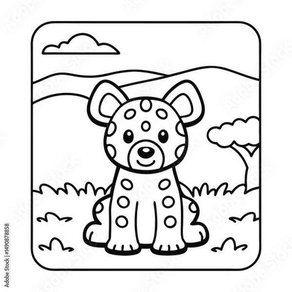 Fototapeta Cute Hyena in Cartoon Setting: A delightful illustration of a charming hyena, featuring endearing big eyes and distinctive spotted patterns, set against an environment of a peaceful backdrop.