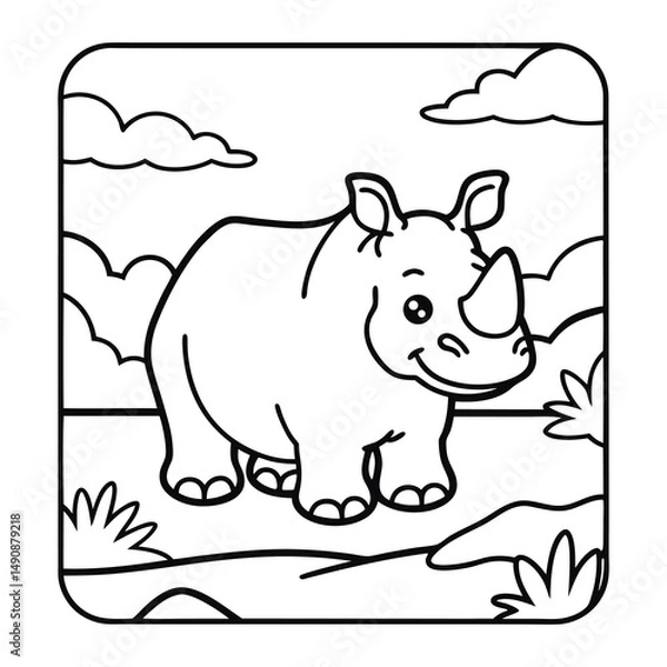 Fototapeta Smiling rhino in its nature setting: A cheerful rhinoceros stands boldly with his smiling face and big horn ready to explore the nature .