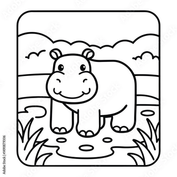 Fototapeta Cute Hippo in habitat: a cheerful hippo standing with the surrounding nature in its habitat, this illustration evoke childhood nostalgia and nature's wonders.