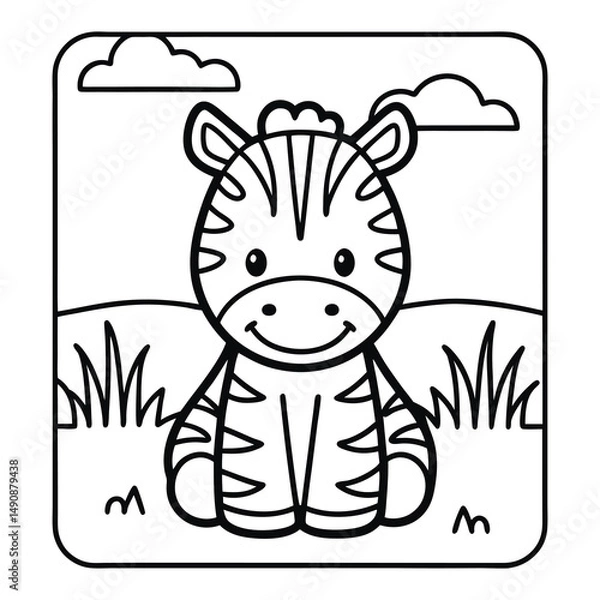 Fototapeta Cheerful Zebra Illustration: A charming, cartoon zebra smiling in a field with a background of fluffy clouds and grass, perfect for children's books, education or decoration.