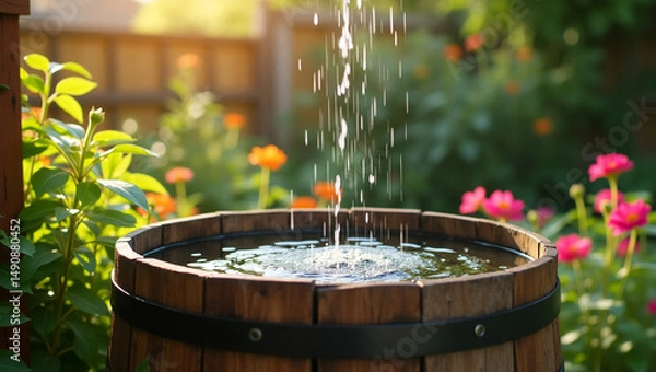 Fototapeta Rain barrel collecting water in backyard garden. An eco-friendly water conservation scene in a natural setting.