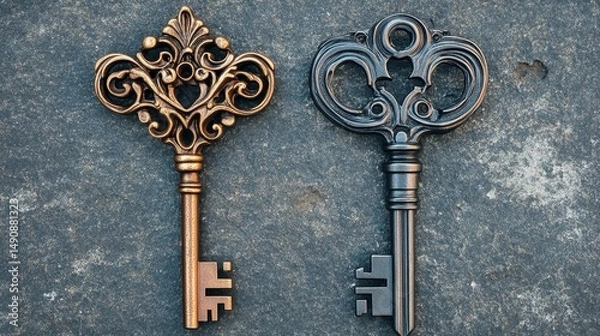 Fototapeta Antique ornate key pair on textured stone background symbolizing secrets security mystery history access vintage aesthetic craftsmanship