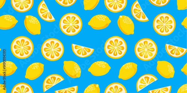 Fototapeta Vibrant Lemon Pattern on a Bright Blue Background. A cheerful and fresh repeating pattern of whole and sliced lemons against a vibrant blue backdrop.