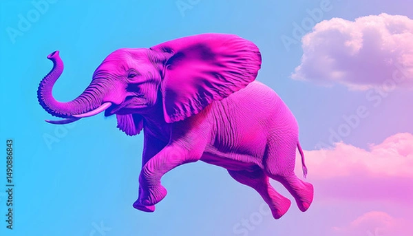 Fototapeta Pink elephant leaping, digitally rendered against a gradient sky with puffy clouds in a surreal, vibrant scene