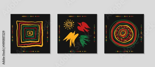 Obraz Juneteenth background with abstract geometric ornament, birds of freedom, African pattern. Celebration cards set. Greeting square post background for Social media. Vector flat illustration.
