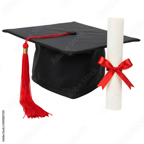 Fototapeta A classic graduation cap with a bold red tassel resting beside a rolled diploma tied neatly with a deep red ribbon, set against a white or transparent background. PNG