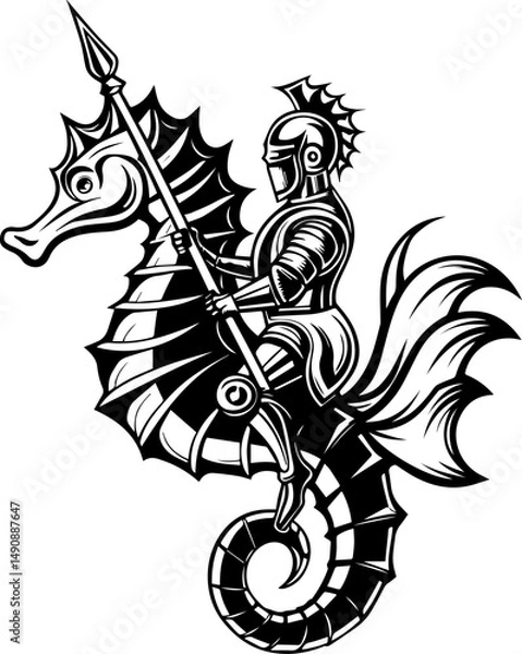 Fototapeta A skull tattoo design blending pirate and Atlantean elements. Knight on a Seahorse with Spear in Bold Black and White Design