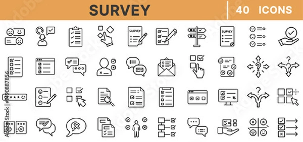 Fototapeta Survey Line Icons – Questionnaire, Poll, Feedback Form, Checkboxes, Multiple Choice, Opinion, Rating, Customer Response, Online Survey, Evaluation Tools