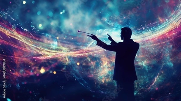 Fototapeta Silhouette Man Conducting Cosmic Orchestra with Wand Guiding Celestial Symphonies Across Universe Space and Time Evoking Wonder and Awe Inspiration