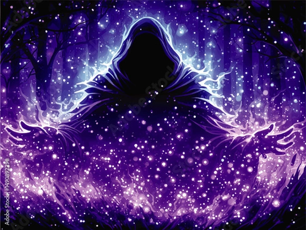 Fototapeta Mystical Magical Dark Wizard Vector Illustration Featuring Enchanting Glowing Magic Powers in Illuminated Purple Fantasy Forest Night Scene for Fantasy Theme Projects