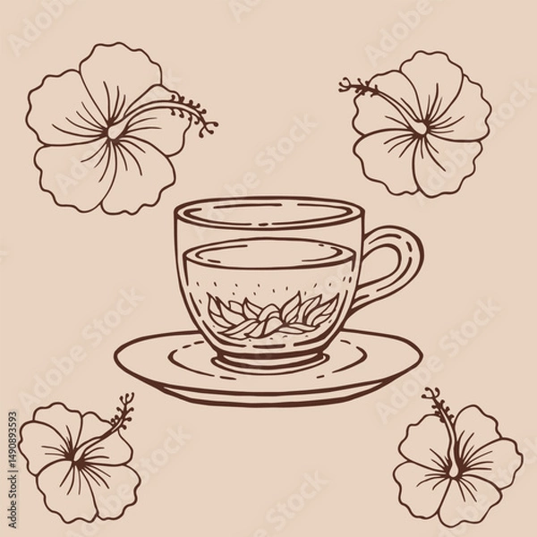 Fototapeta Set with glass cup tea, hibiscus. Hand drawn vector illustration in outline style.